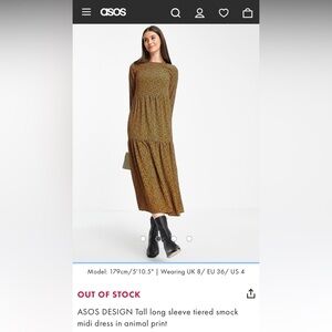 ASOS Long Sleeve Tiered Smock Midi Dress in Animal Print